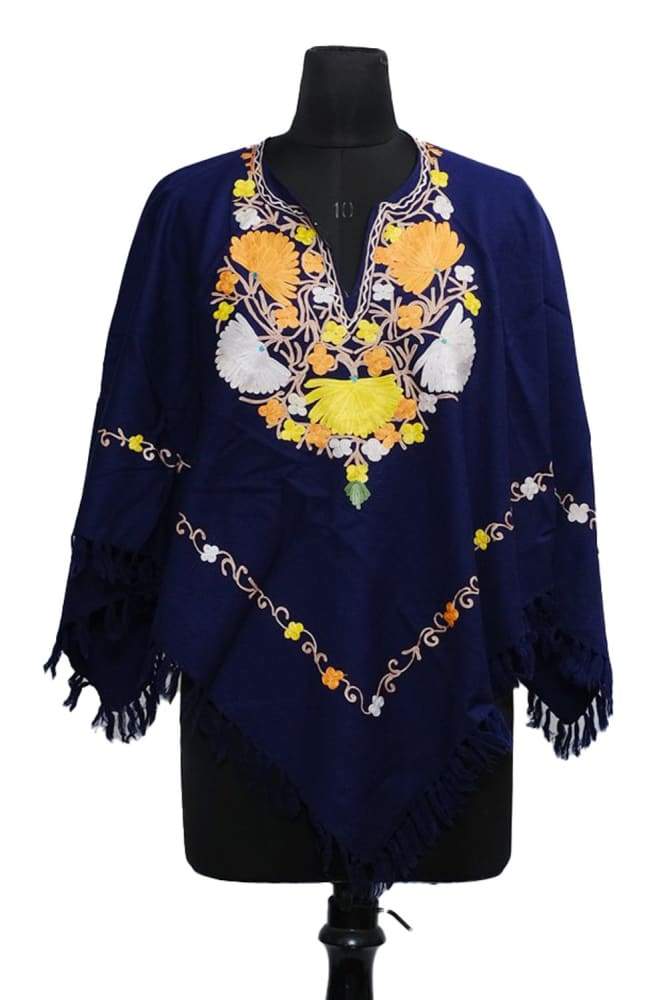 Navy Blue Colour Ponchu With Elegant Kashmiri Embroidery.