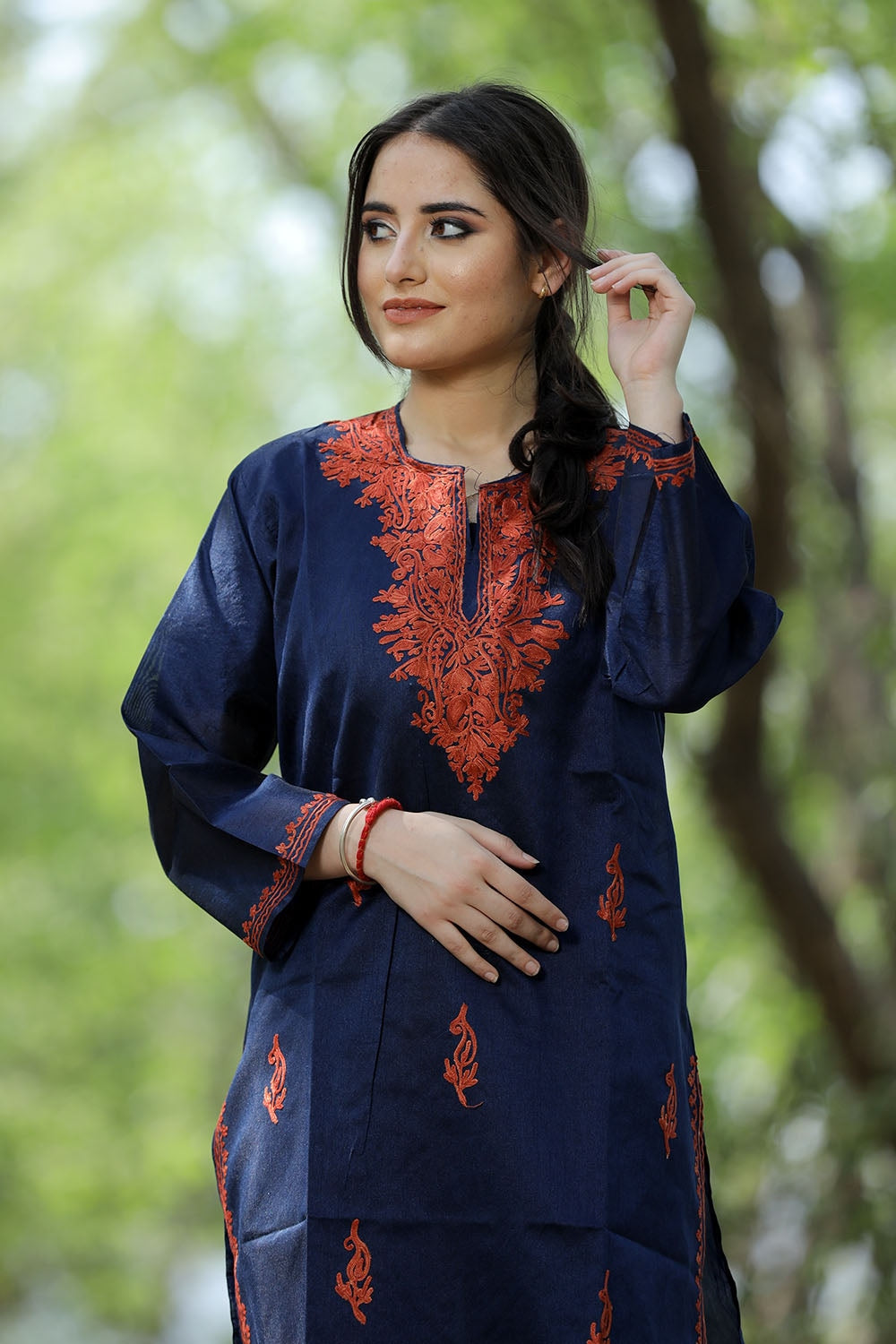 Navy Blue Colour Rayon Silk Kurti With Beautiful Aari