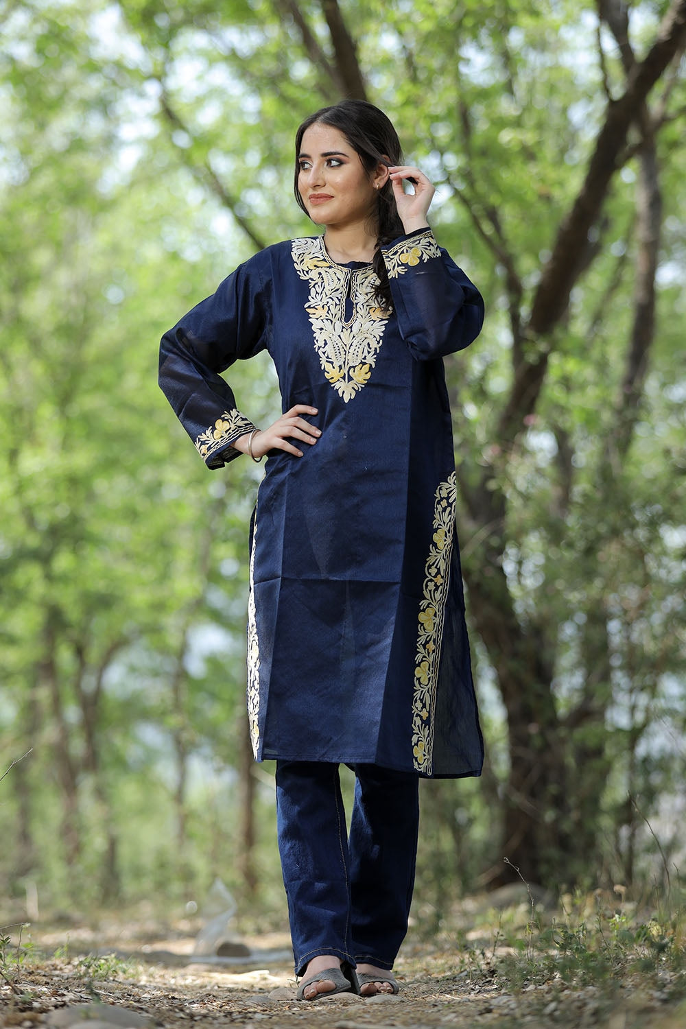 Navy Blue Colour Rayon Silk Kurti With Beautiful Aari