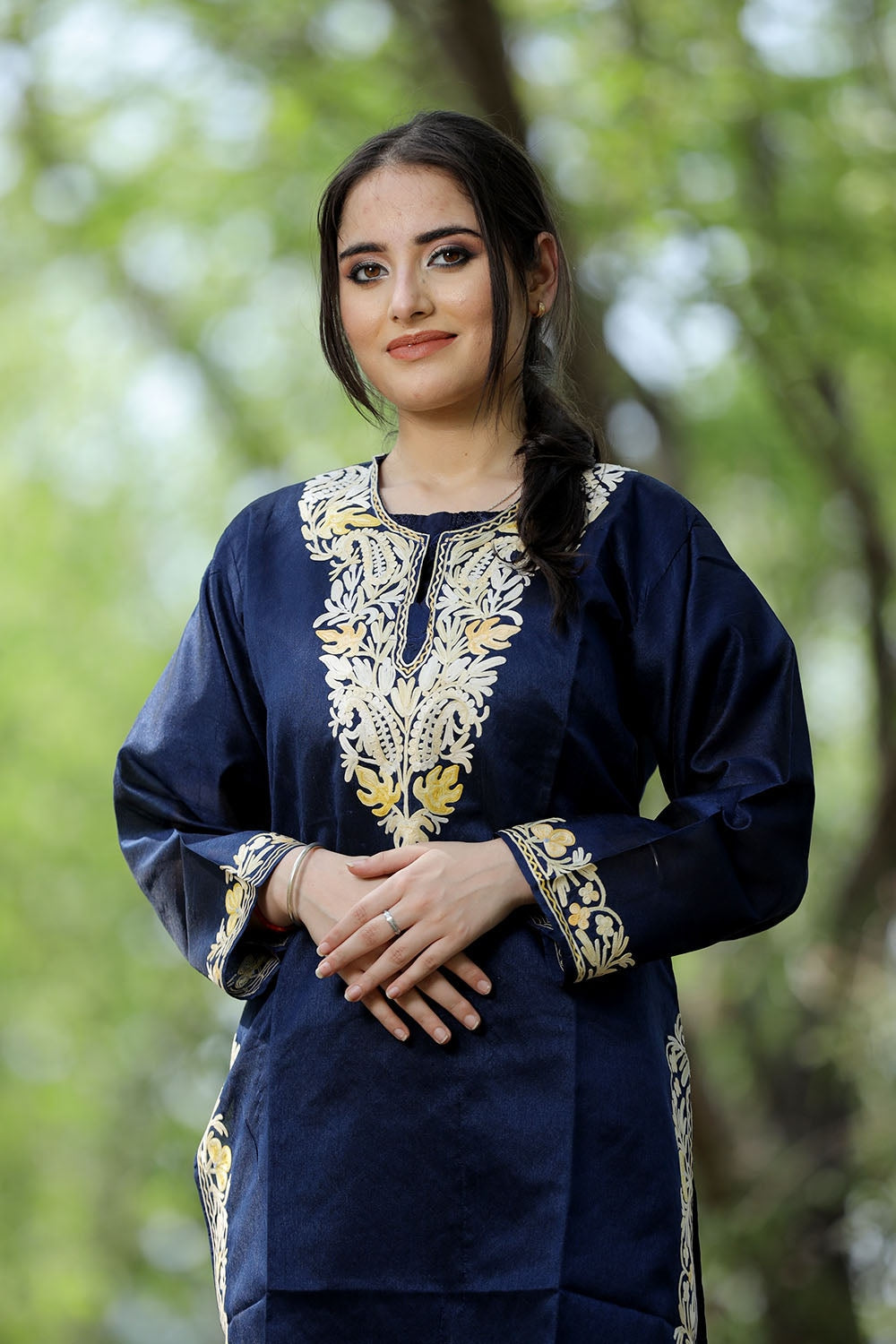 Navy Blue Colour Rayon Silk Kurti With Beautiful Aari