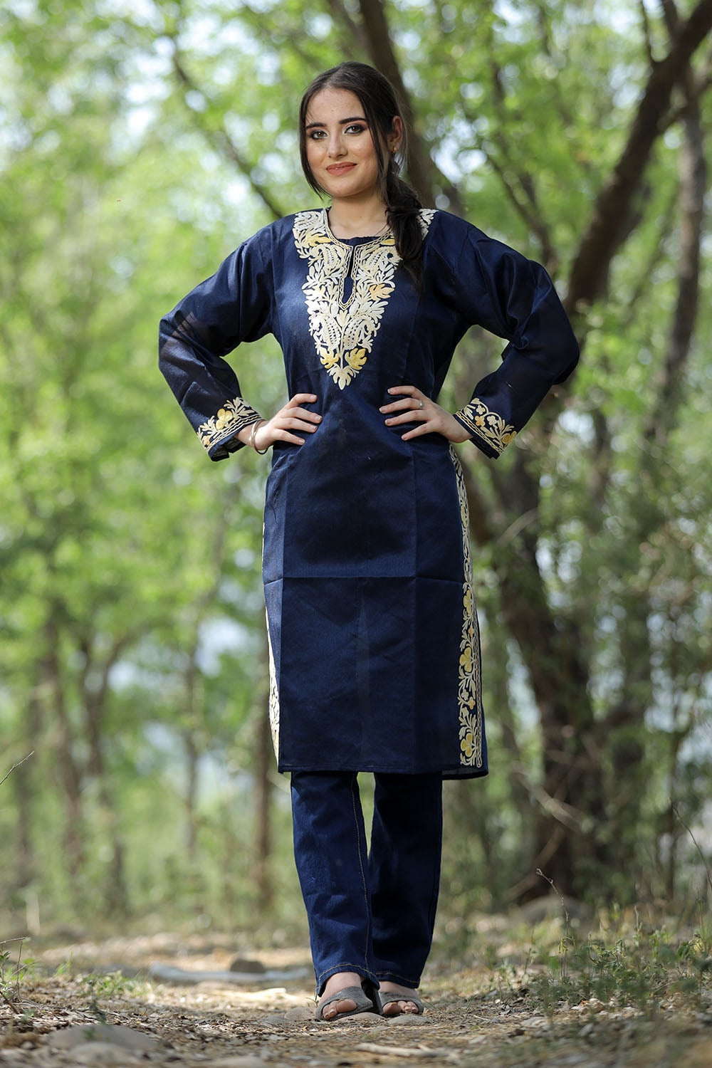 Navy Blue Colour Rayon Silk Kurti With Beautiful Aari