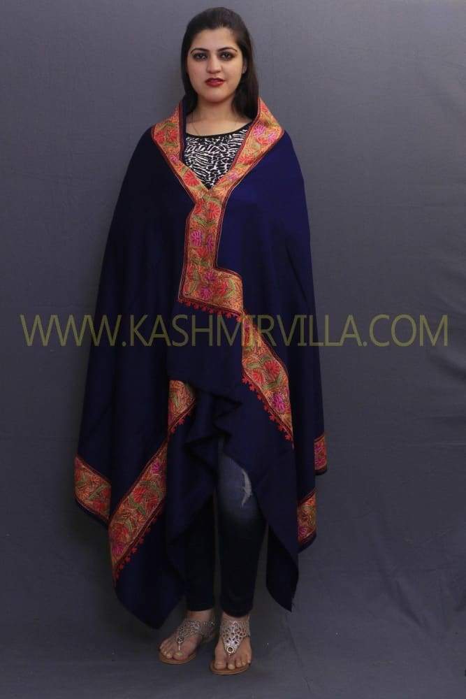 Navy Blue Colour Sozni Work Handwoven Shawl On Semi