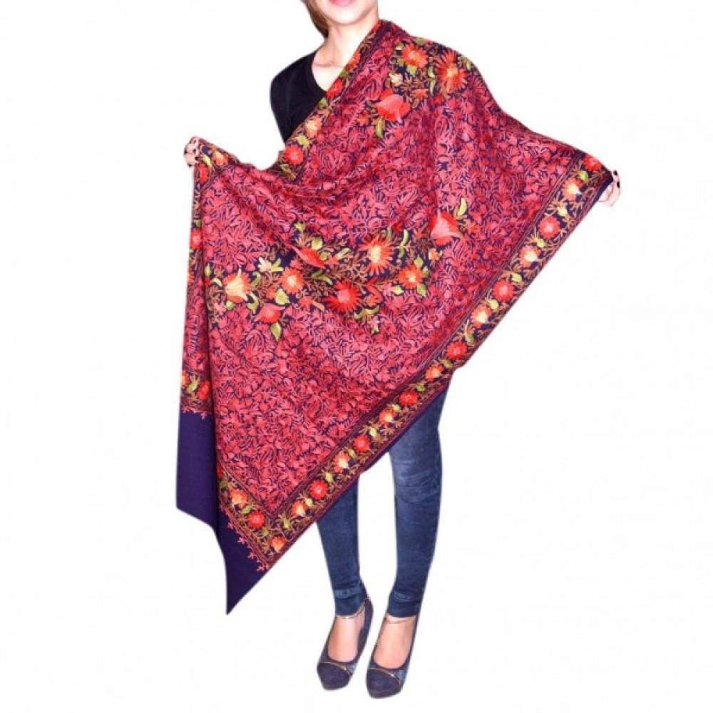 Navy Blue Colour Wool Aari Work Stole With Multi colour