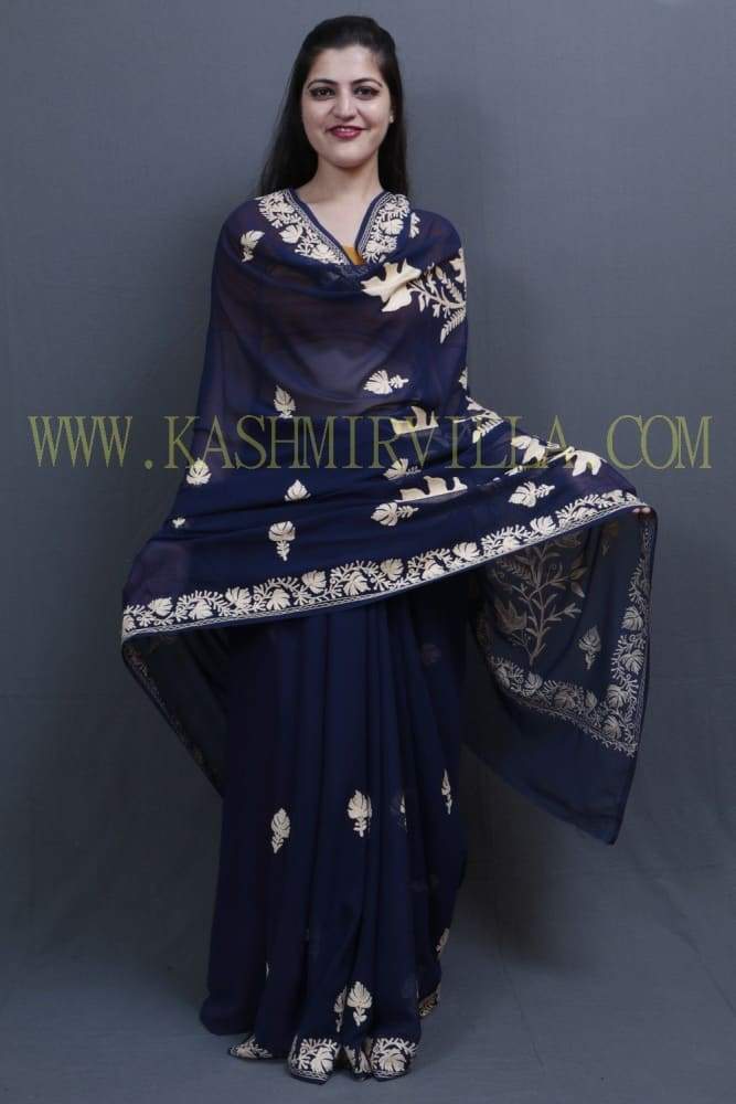 NavyBlue Colour Kashida Work Saree With Wonderful Designing