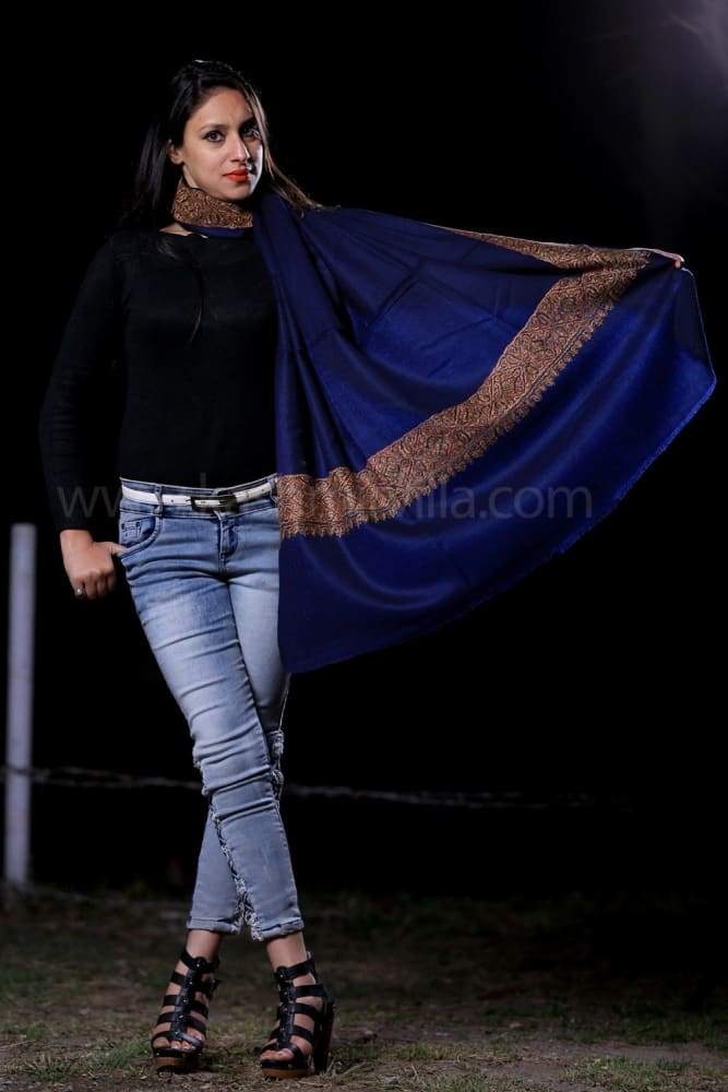 NavyBlue Colour SemiPashmina Sozni Shawl With Beautiful