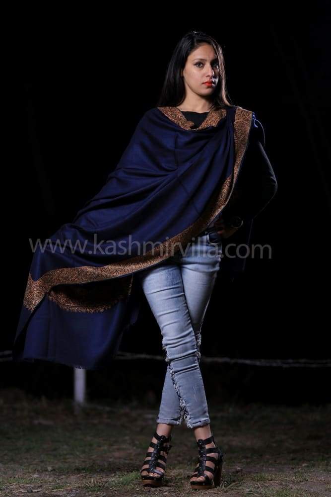 NavyBlue Colour SemiPashmina Sozni Shawl With Beautiful