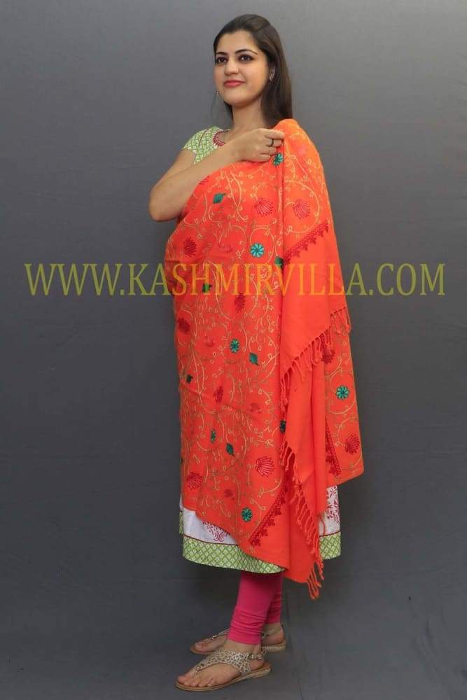 Neon Orange Color Aari Work Embroidery Shawls Enriched