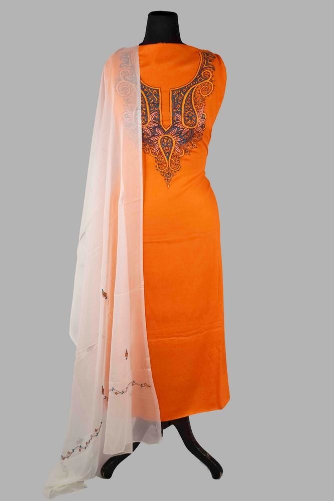 Neon Orange Color Rayon Cotton Sozni Work Unstitched Suit