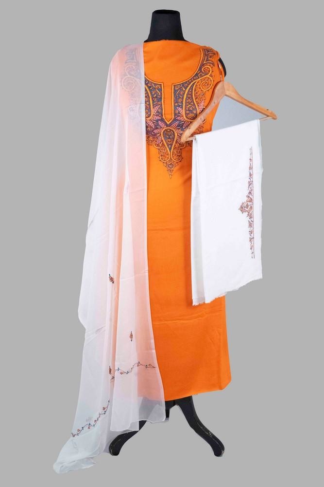 Neon Orange Color Rayon Cotton Sozni Work Unstitched Suit