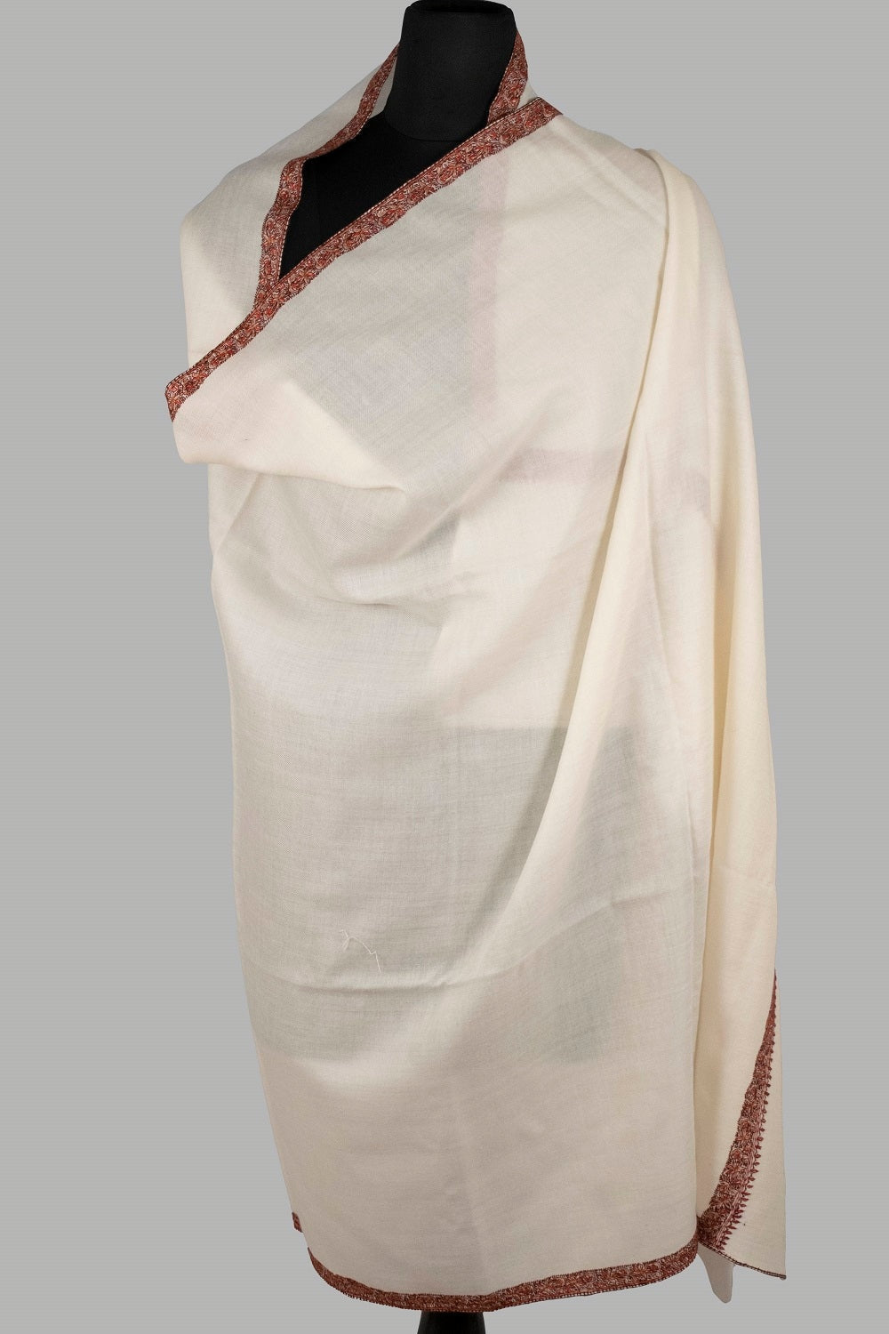 Offwhite Colour Sozni Work Handwoven Shawl On Semi Pashmina