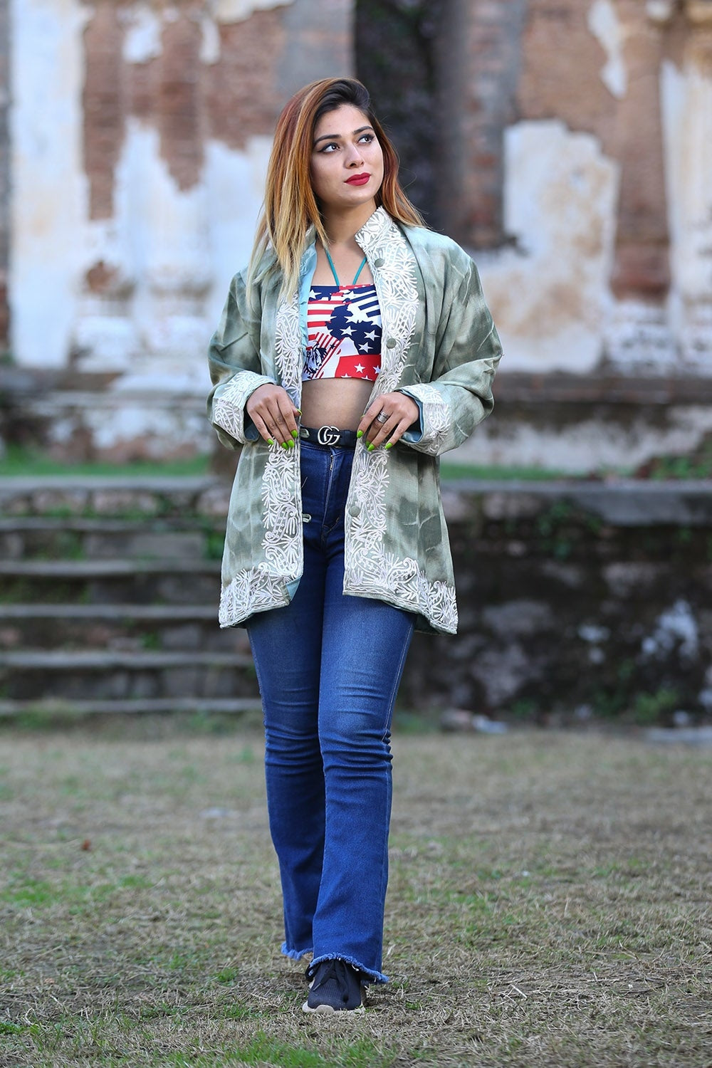 Olive Green Colour Kashmiri Aari Work Embroidered Jacket