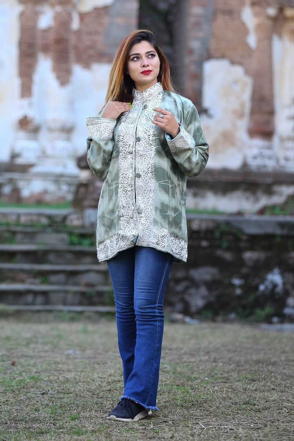 Olive Green Colour Kashmiri Aari Work Embroidered Jacket