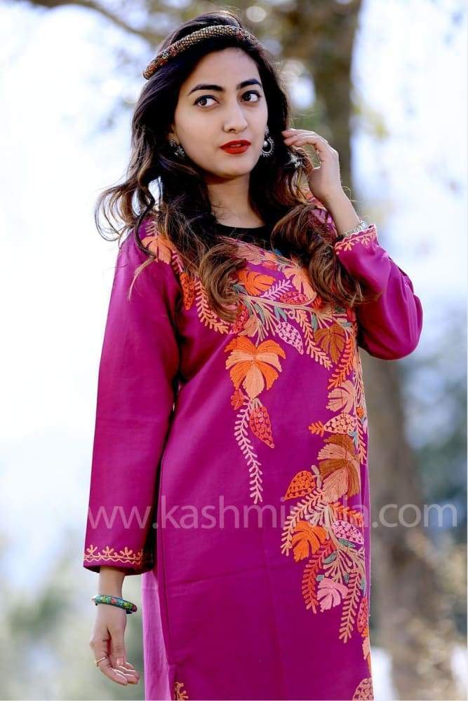 Opulent Purple Colour Aari Work Cotton Kurti With Multi