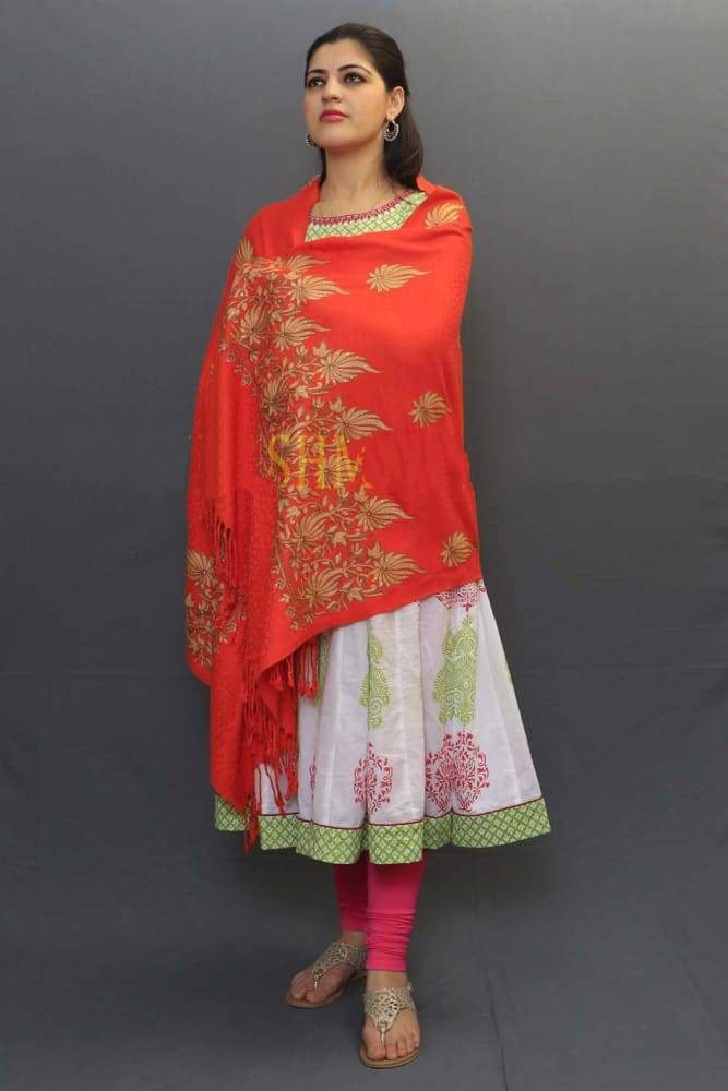 Orange Color Stole Enriched With Aari Embroidery