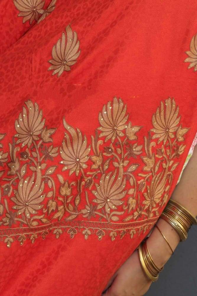 Orange Color Stole Enriched With Aari Embroidery