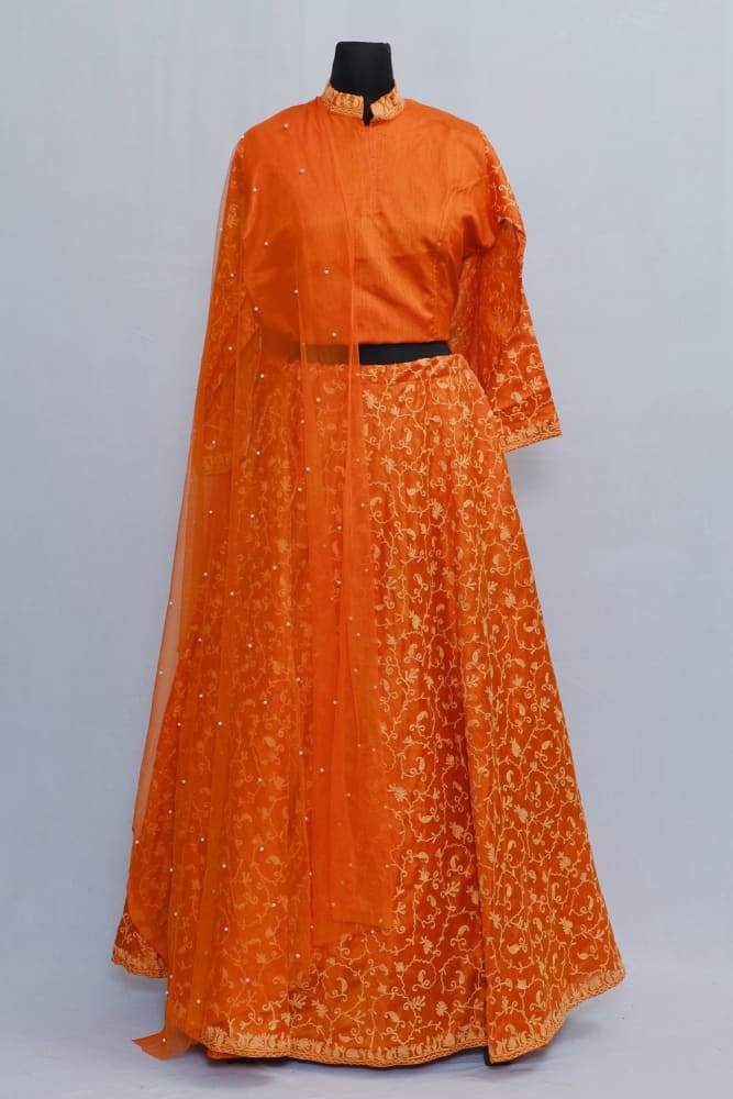 Orange Colour Kashmiri Embroidered Skirt With Crop Top