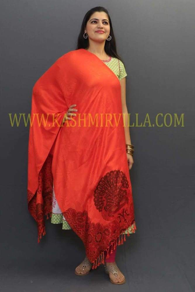 Orange Colour Soft Textured Wrap With Peacock Printing