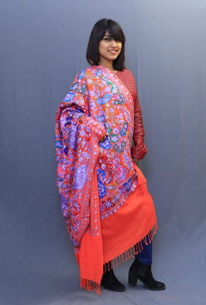 Orange Colour Wrap With Richly Designed Aari Jaal
