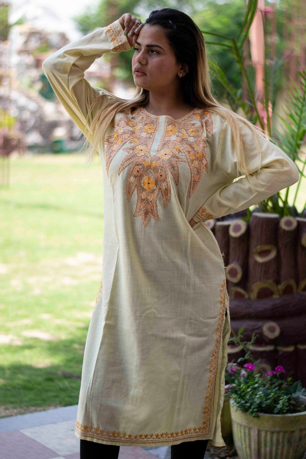 Pale Yellow Colour Cotton Kurti With Beautiful Aari