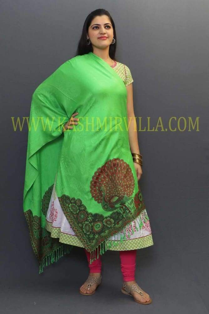 Parrot Green Colour Soft Textured Wrap With Peacock