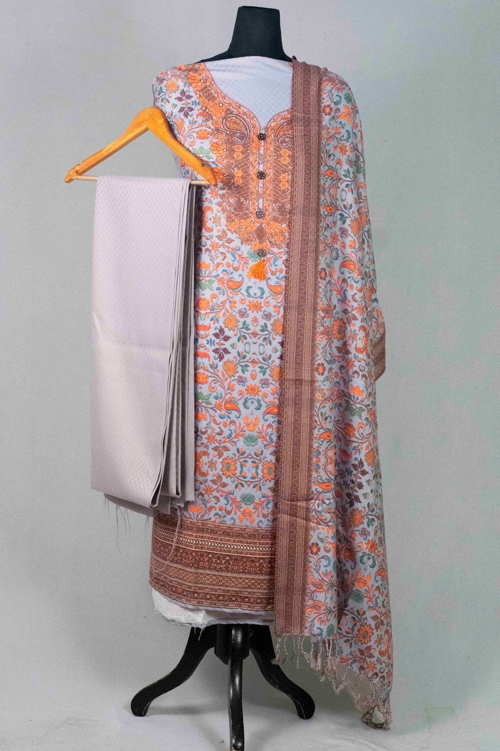 Pastel Colour Woolen Kani Printed Suit With Neck