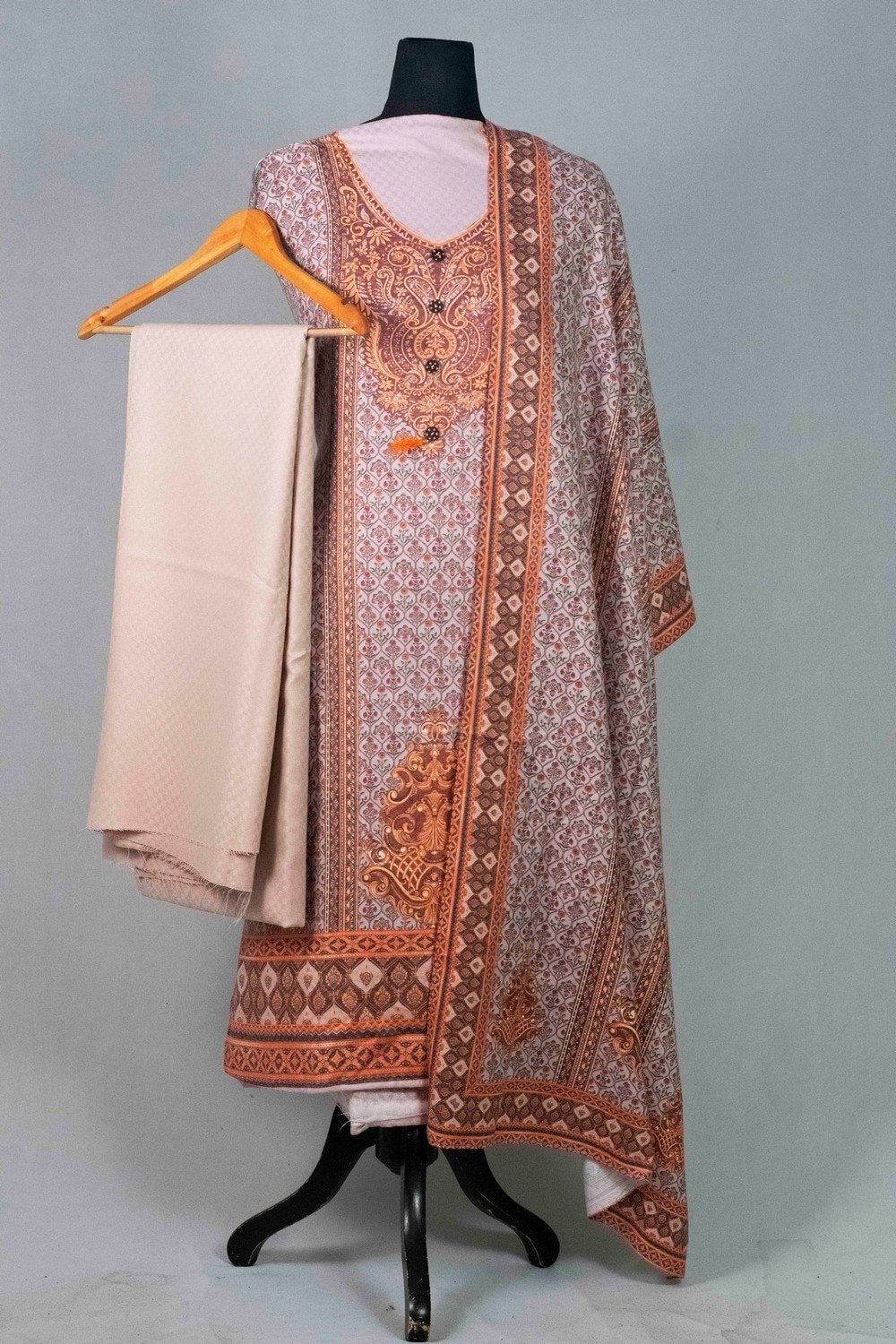 Pastel Colour Woolen Kani Printed Suit With Neck And OverAll
