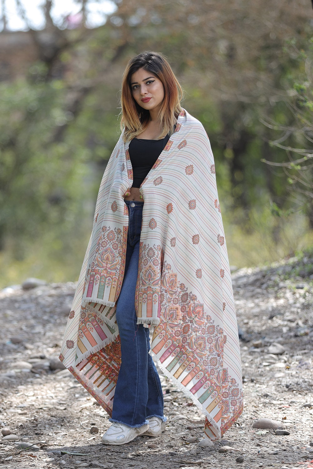 Pearl White Colour Shawl With Flower Pattern Style Bold