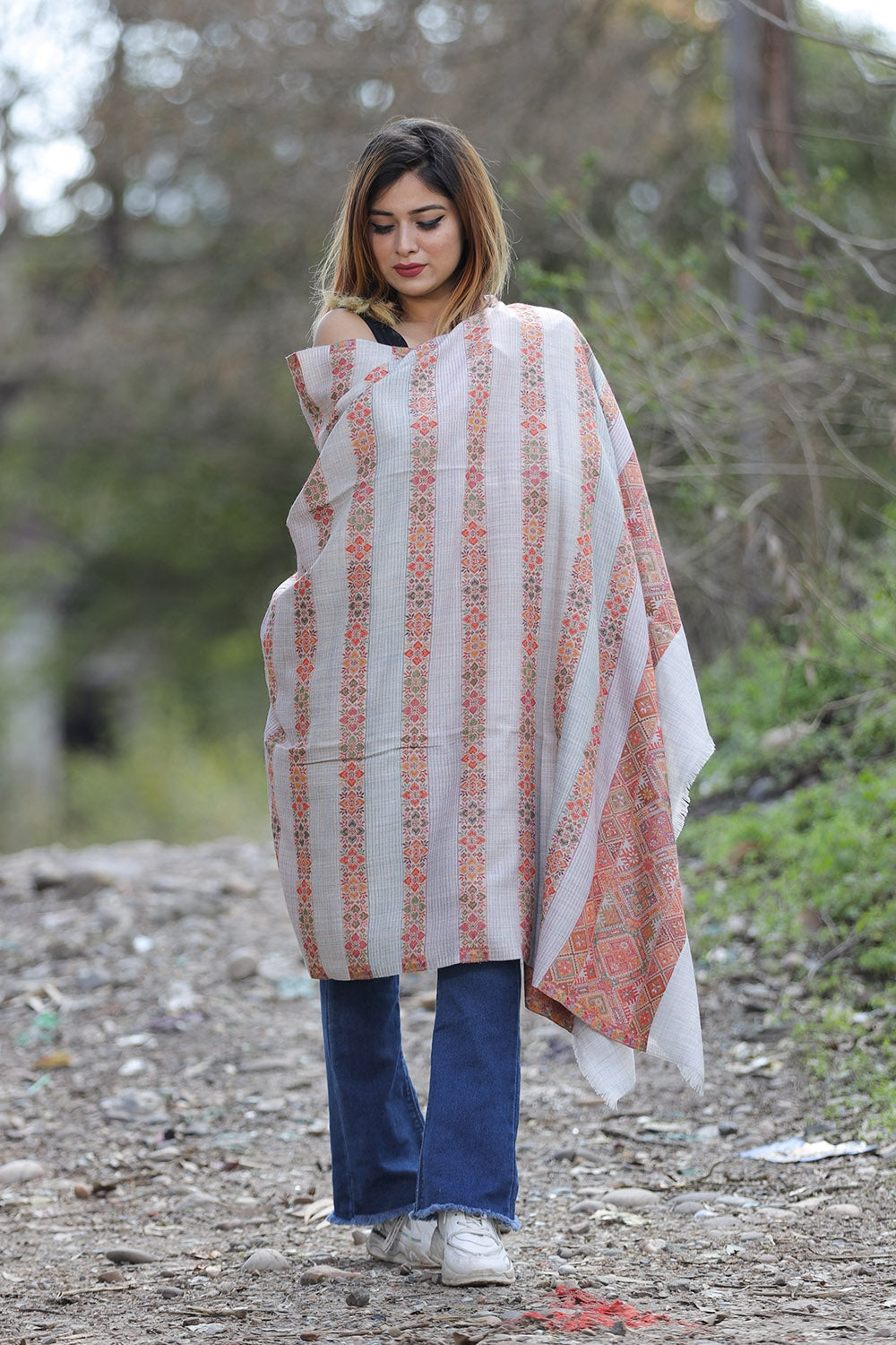 Pearl White Colour Shawl With Flower Pattern Style Bold