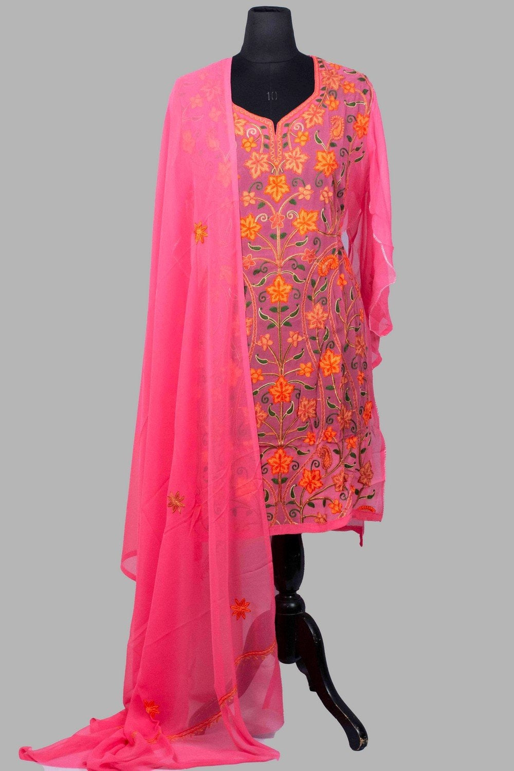 Pink Colour Aari Work Neck Kurti With Thread Embroidery