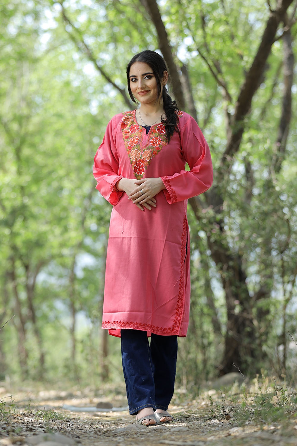 Pink Colour Cotton Kurti With Beautiful Aari Embroidery