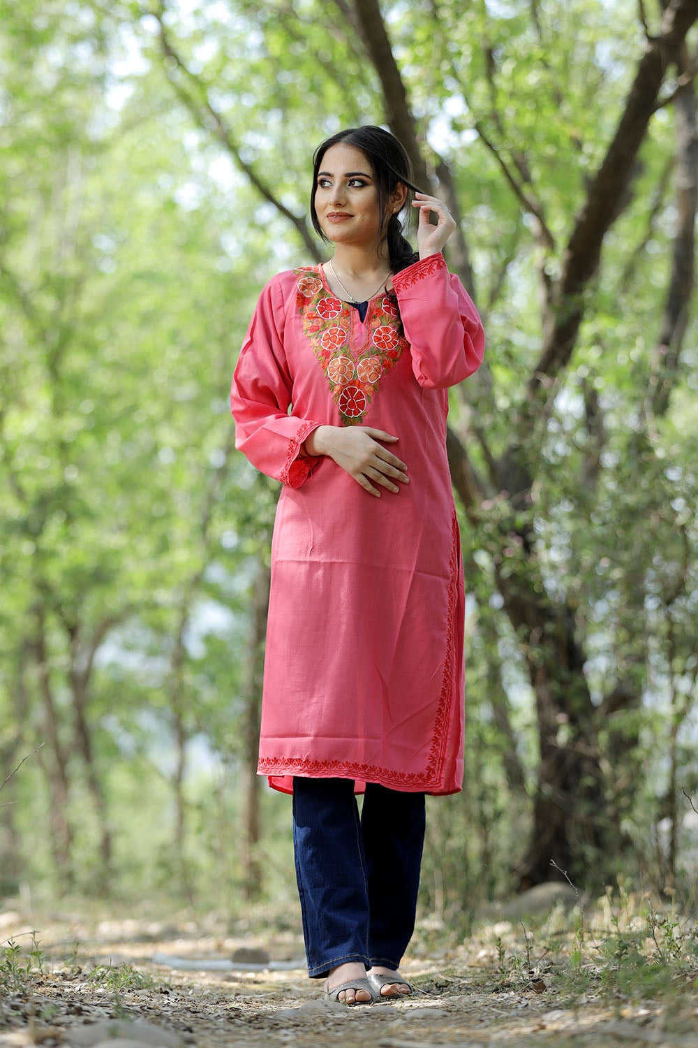 Pink Colour Cotton Kurti With Beautiful Aari Embroidery