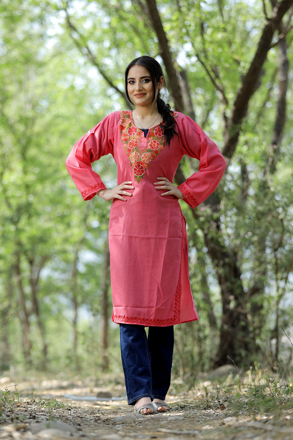 Pink Colour Cotton Kurti With Beautiful Aari Embroidery