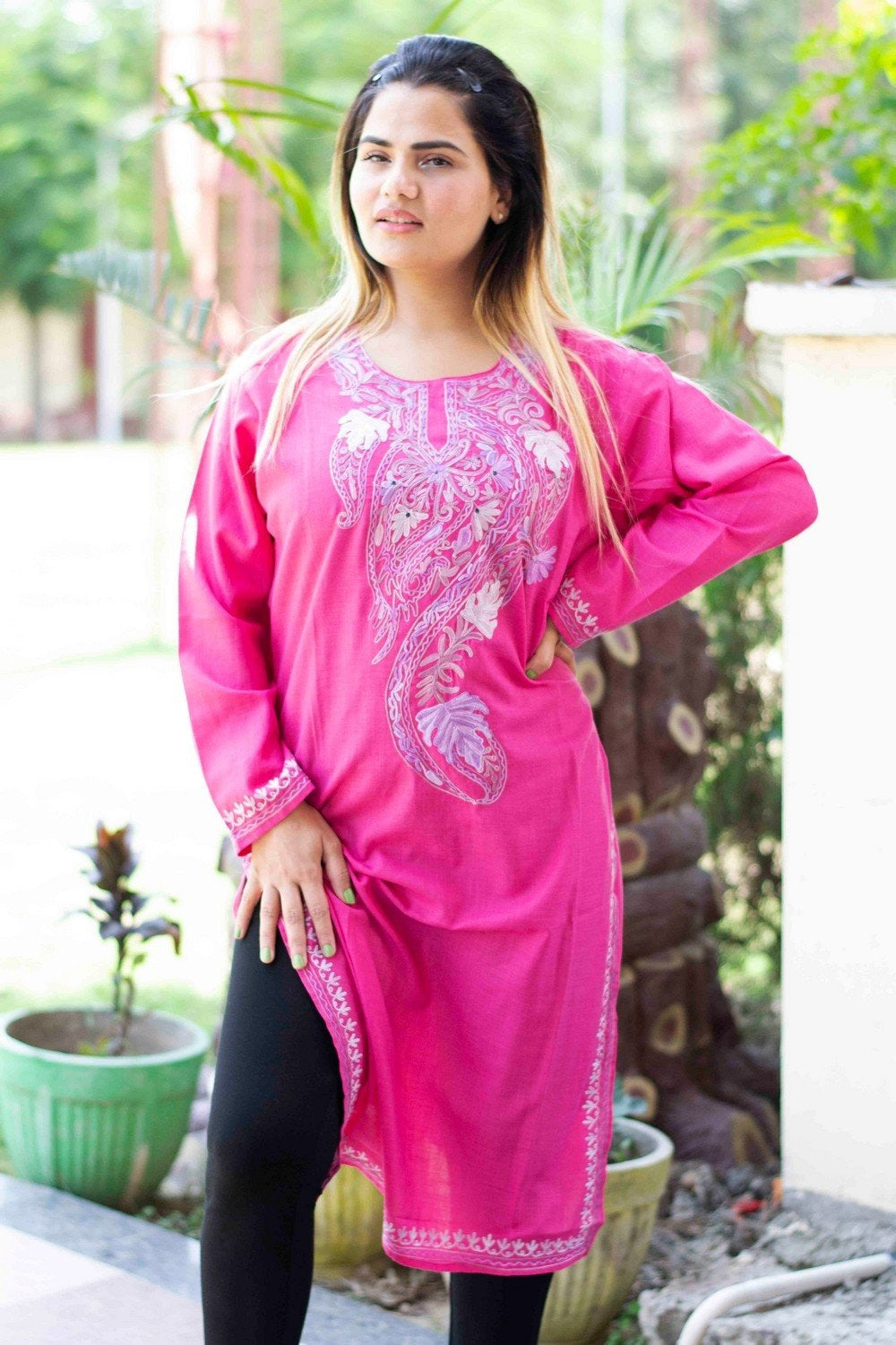 Pink Colour Cotton Kurti With Beautiful Aari Embroidery