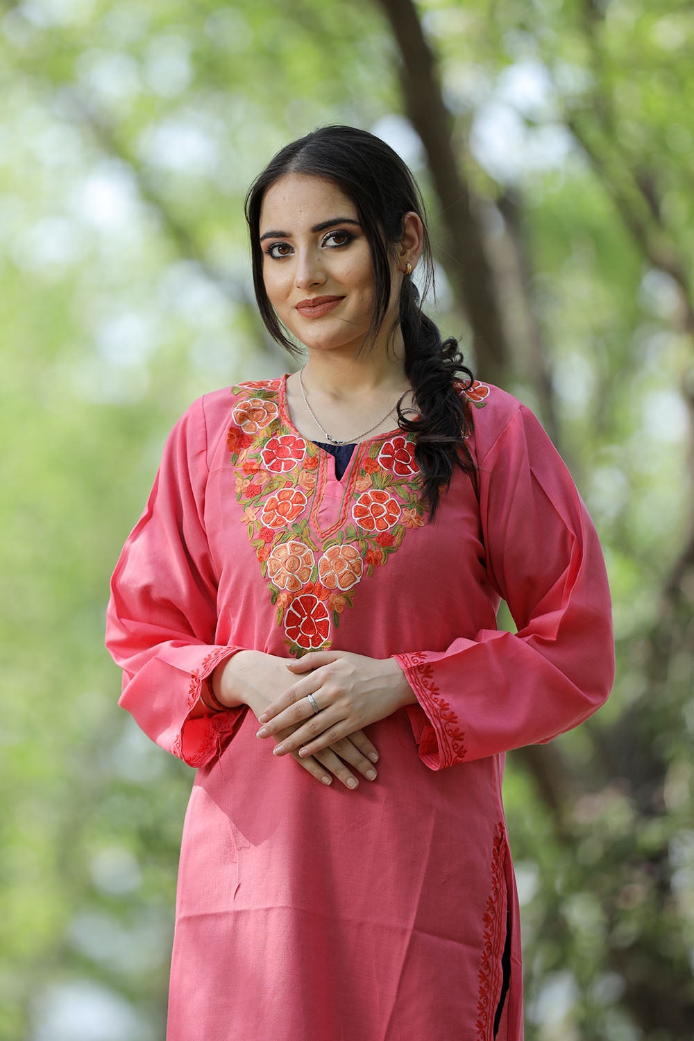 Pink Colour Cotton Kurti With Beautiful Aari Embroidery