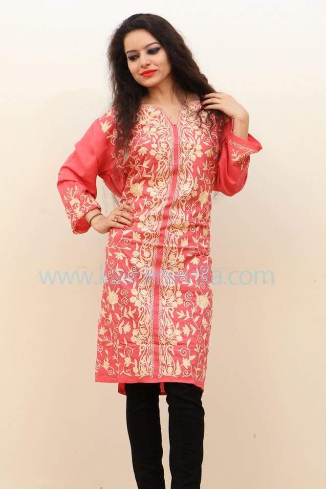 Pink Colour Cotton Kurti With Beautiful Kashmiri Embroidery