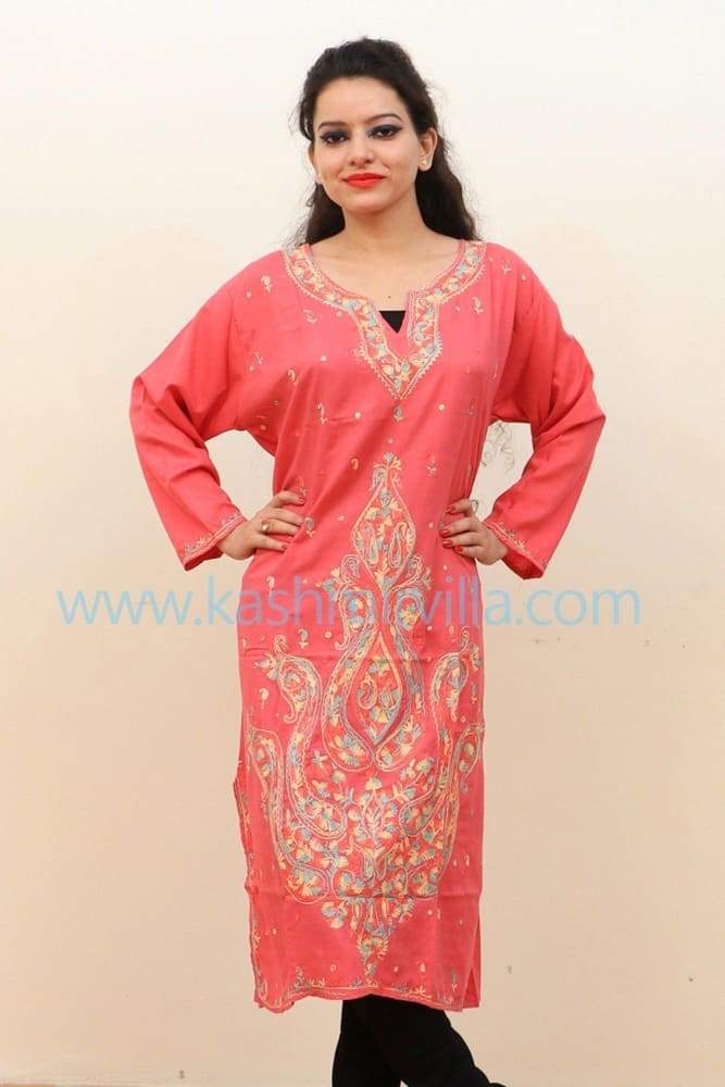 Pink Colour Cotton Kurti With Beautifull Kashmiri