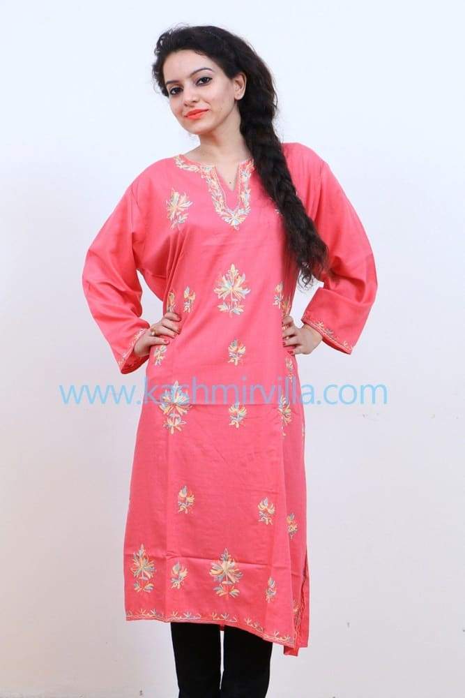 Pink Colour Cotton Kurti With Kashmiri Motifs Latest