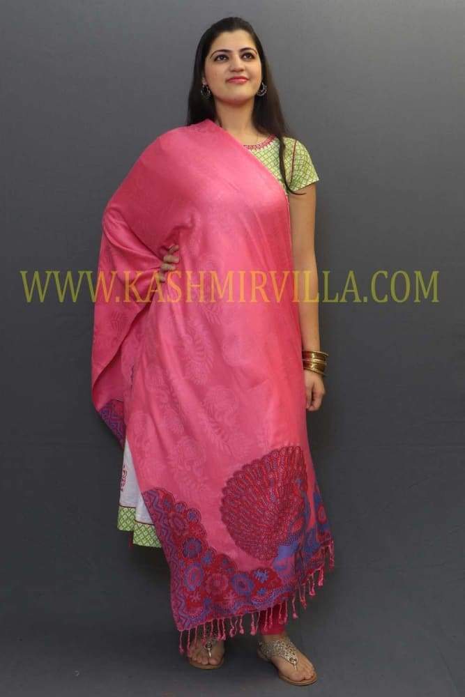 Pink Colour Soft Textured Wrap With Peacock Printing