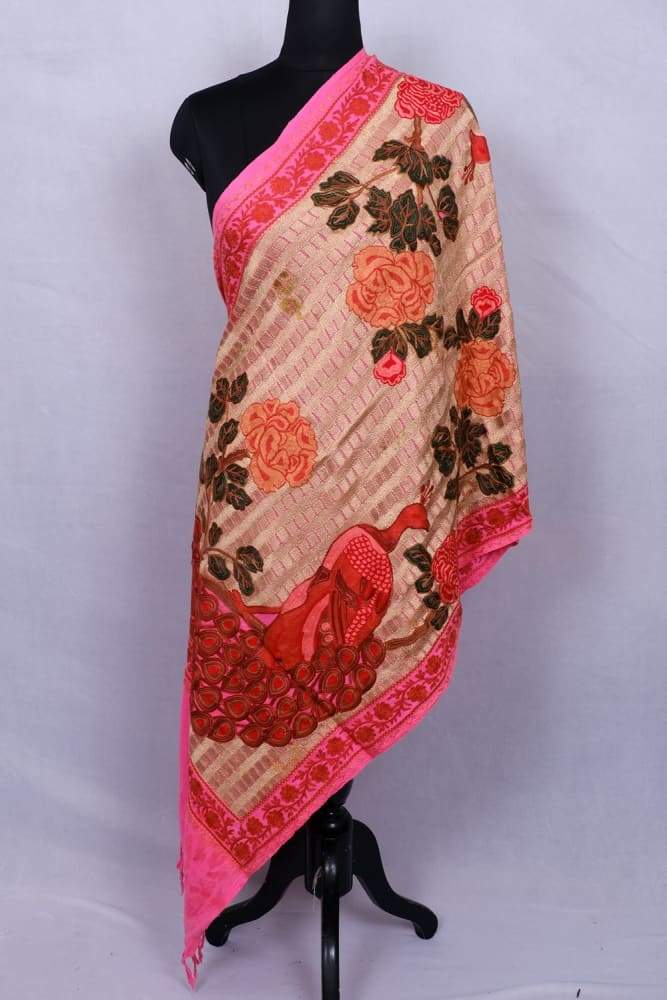 Pink Colour Stole With Kashmiri Peacock Embroidery