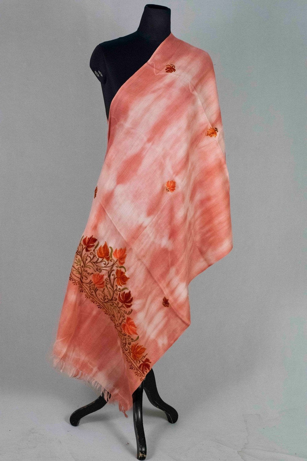 PInk Colour Tye Dye Stole With kashmiri Embroidery
