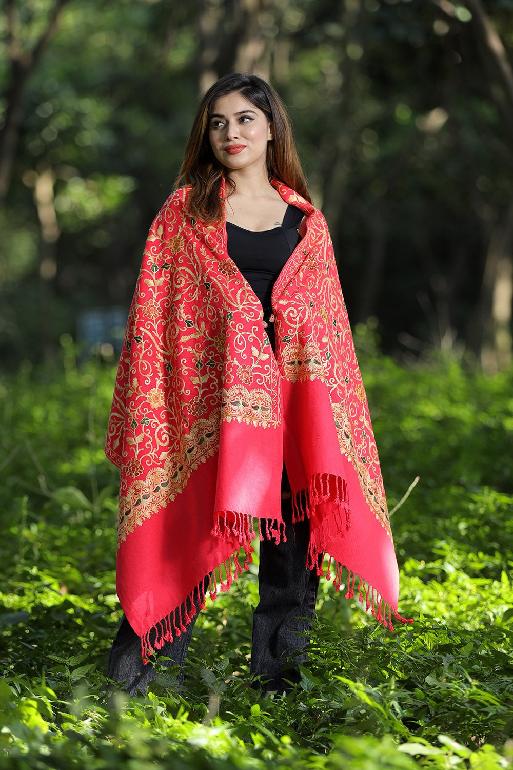 Pink Colour Wolen Base With Rich All Over Kashmiri Jaal