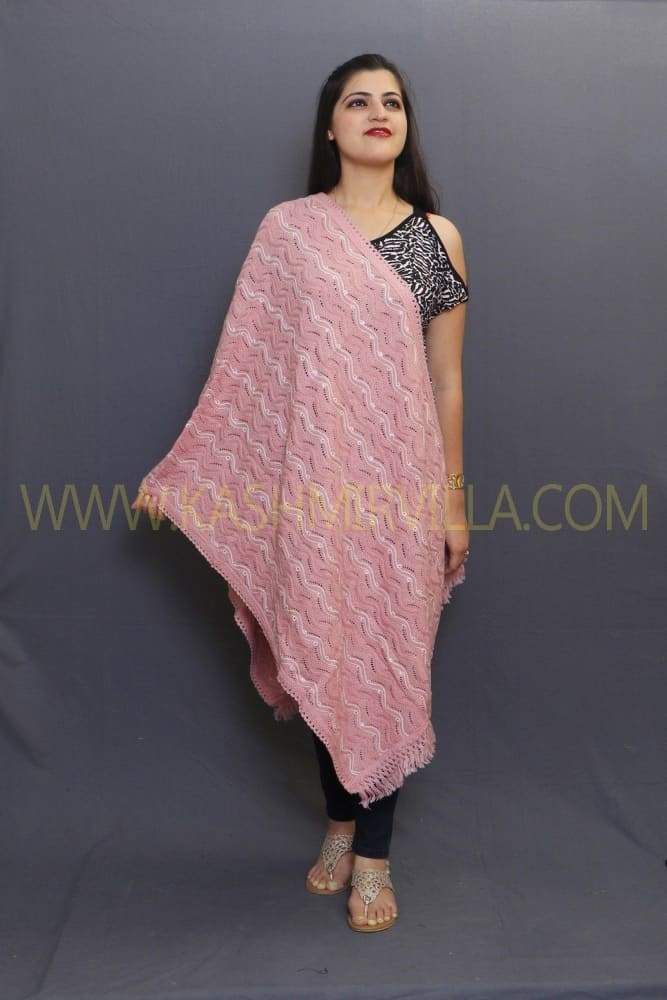 Pink Coloured Knitting Stole Enriched With New Zig Zag