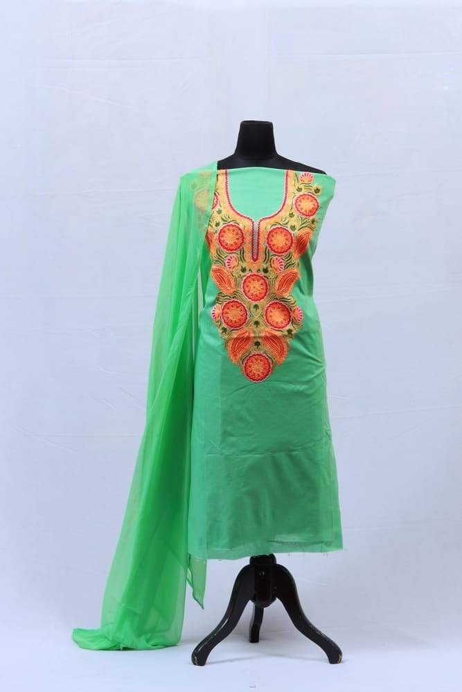 Pista Green Aari Work Salwar Kameez With Blooming Multi