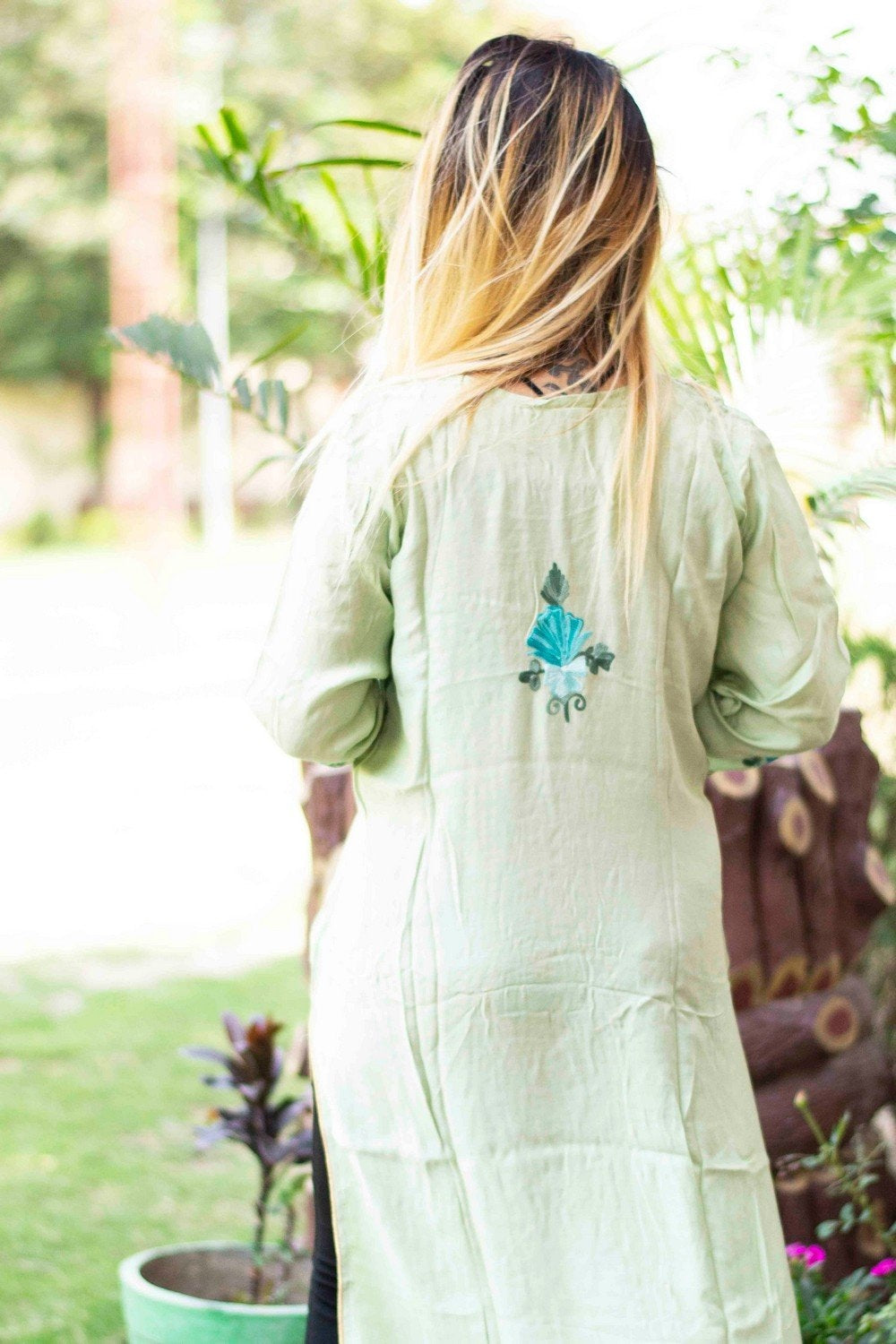 Pista Green Colour Cotton Kurti With Beautiful Aari