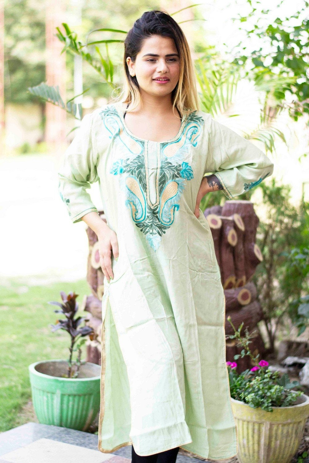 Pista Green Colour Cotton Kurti With Beautiful Aari