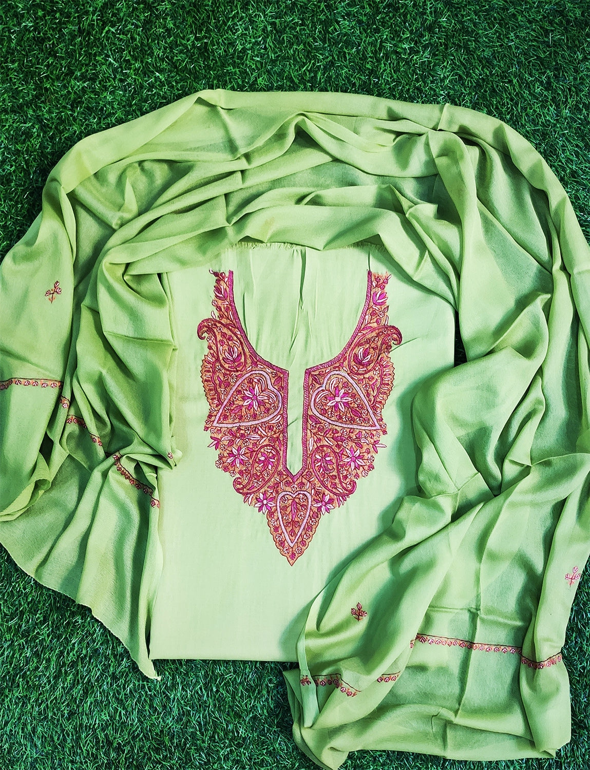 Pista Green Colour Cotton Suit With Beautiful Kashmiri Hand