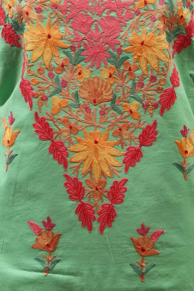 Pista Green Colour Kashmiri Aari Work Embroidered Cotton