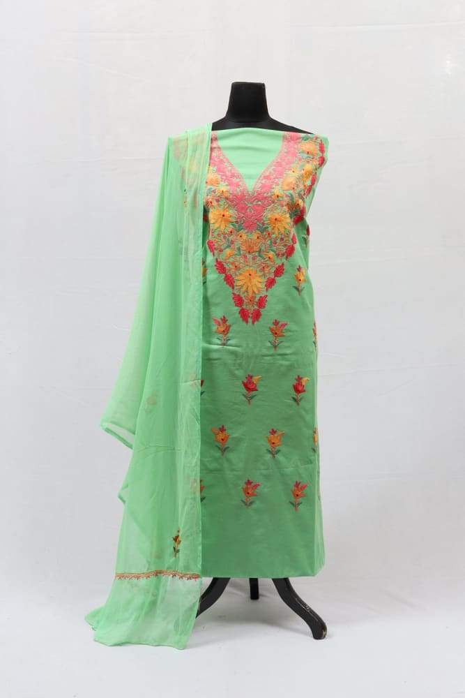 Pista Green Colour Kashmiri Aari Work Embroidered Cotton