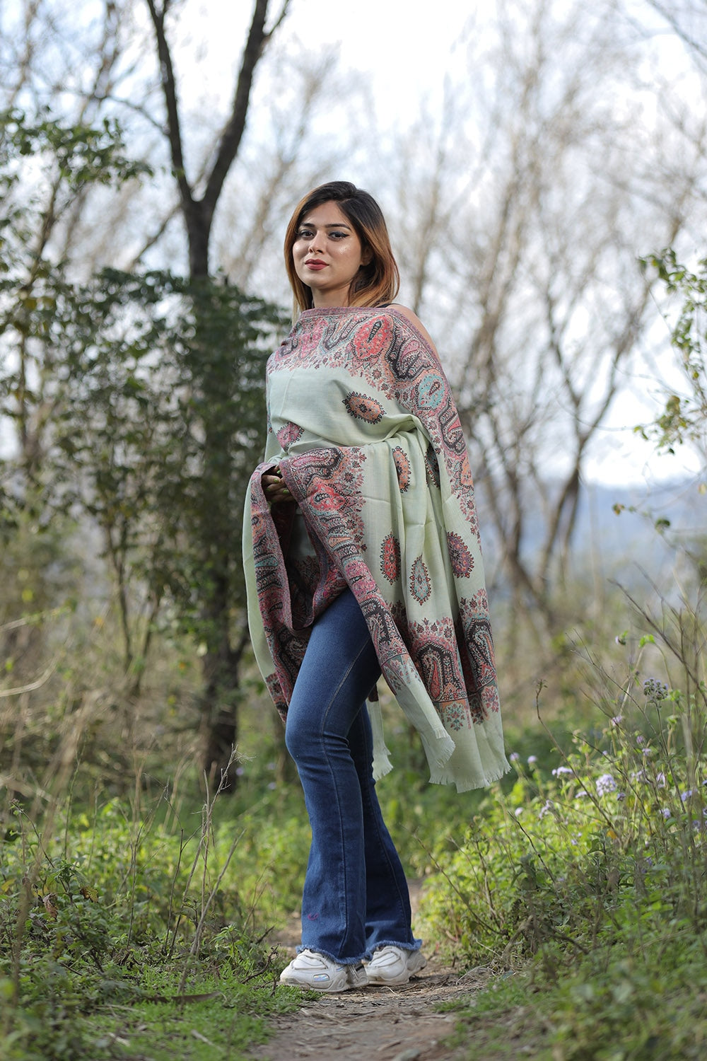 Pistashio Green Colour Shawl With Flower Pattern Style Bold