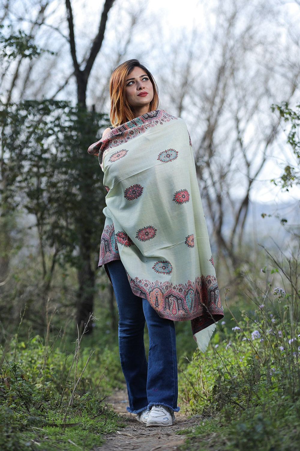 Pistashio Green Colour Shawl With Flower Pattern Style Bold
